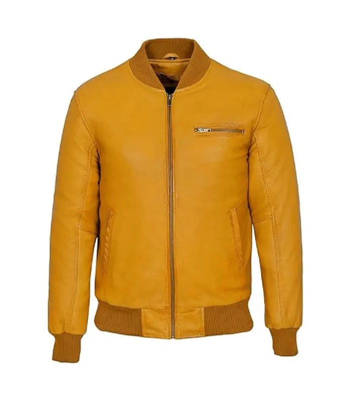 Front view of Yellow Leather Bomber Jacket