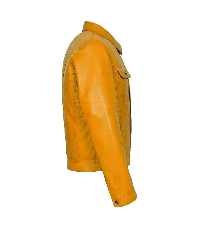 Side view of Yellow Leather Trucker Jacket