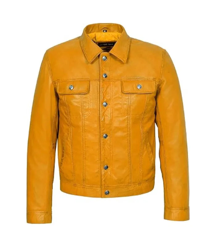 Front view of Yellow Leather Trucker Jacket
