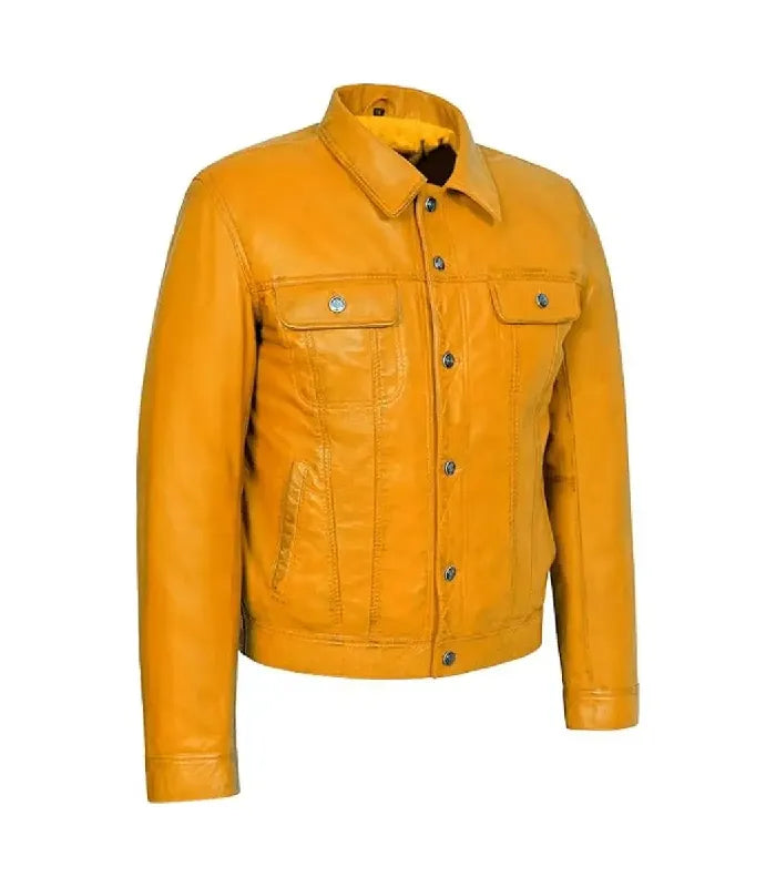 Detail view of Yellow Leather Trucker Jacket
